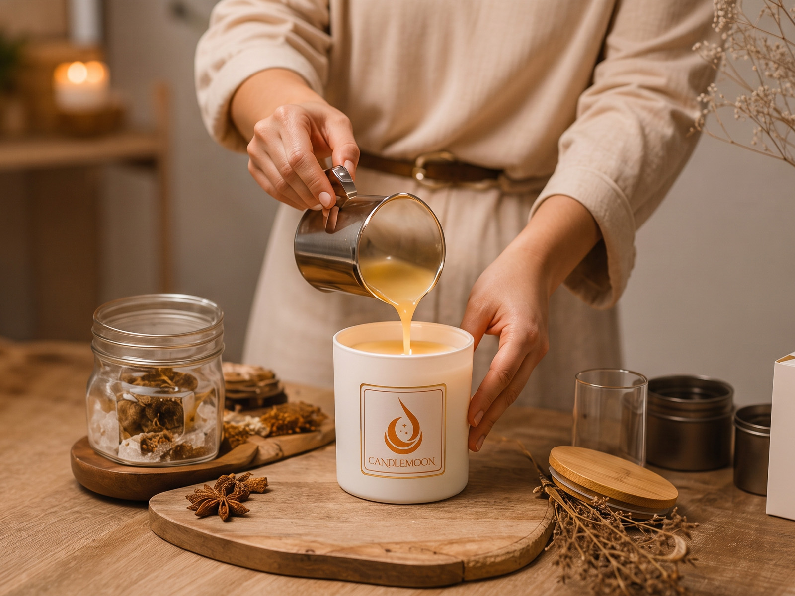 Candlemoon workshop candle pouring scene