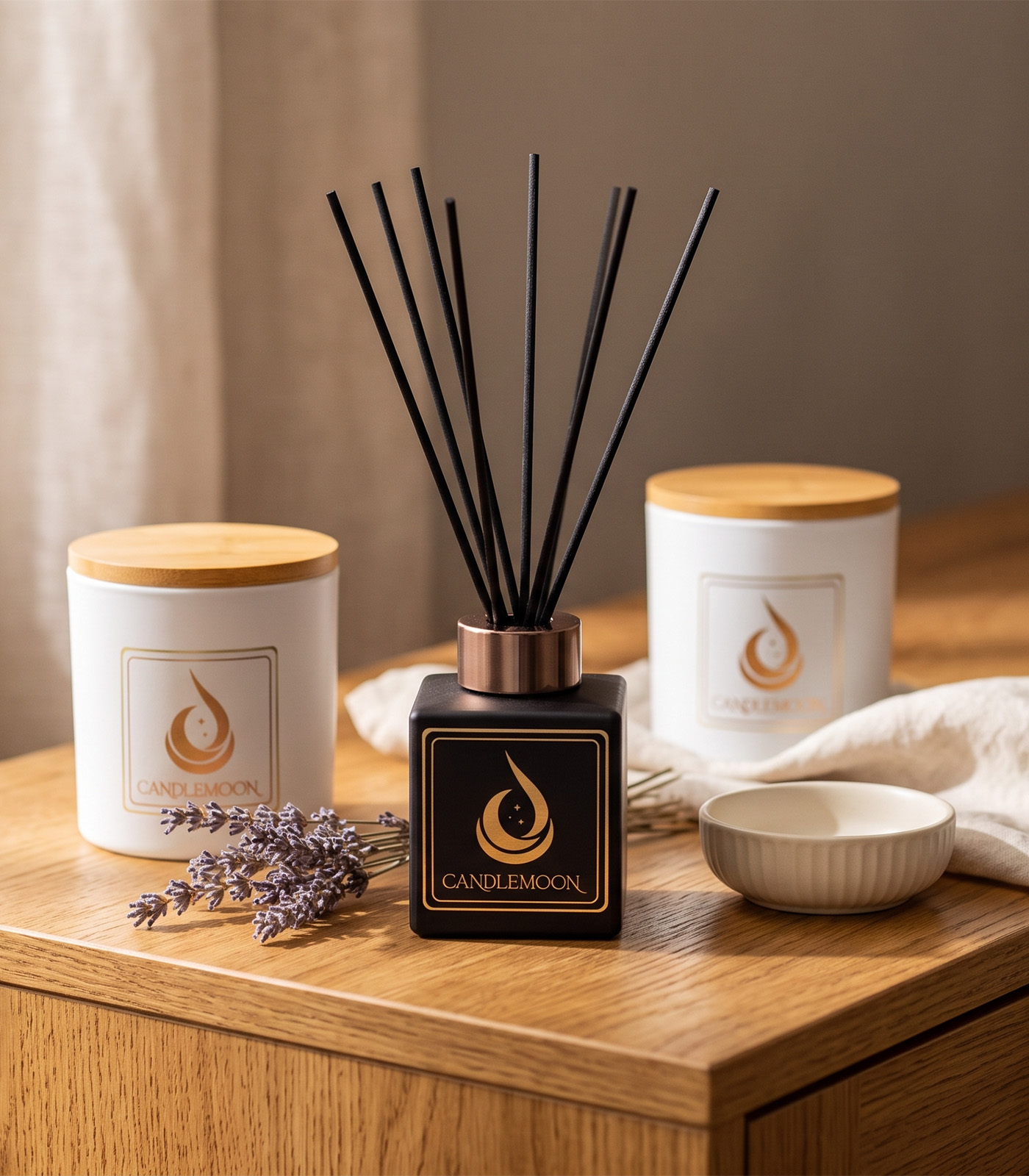 Candlemoon fragrance products arranged in a styled lifestyle setting